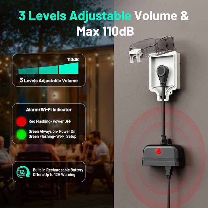 Power Failure Alarm WiFi, Outdoor Power Outage Alarm with App Alert & Loud 110dB, Smart Power Outlet Alarms for Freezer, Sump Pump, Auto Drip Irrigation, Greenhouse, Pond Pump