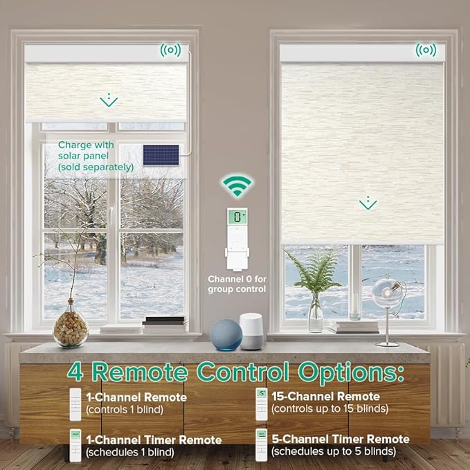 Motorized Roller Shades, 10O% Blackout Remote Control Custom Window Shades Compatible with Alexa Google Assistant via RF Hub, Rechargeable Electric Blinds for Windows (Texture Light Coffee)