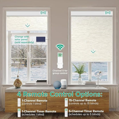 Motorized Roller Shades, 10O% Blackout Remote Control Custom Window Shades Compatible with Alexa Google Assistant via RF Hub, Rechargeable Electric Blinds for Windows (Texture Light Coffee)