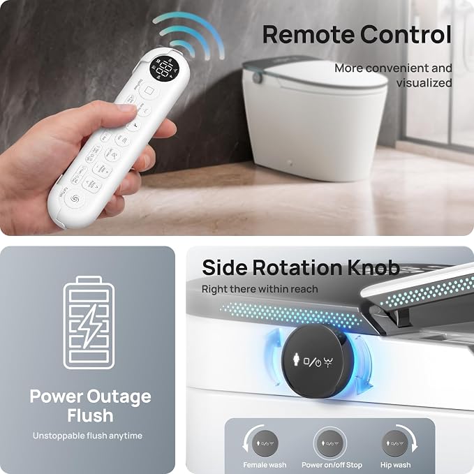 Smart Toilet with Bidet Built-in: Bidet Toilet with 5L Tank, Remote with Display, 5 Level Adjustable Heated Seat& Wash &Dryer, One Piece Toilet with Auto Flush Lid&Seat, Foam, Foot Sensor, UV-C Light