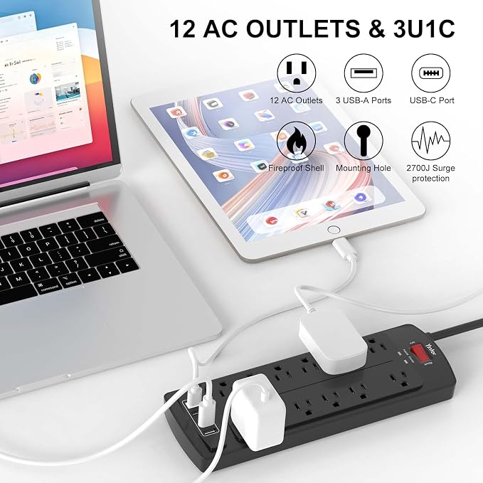 Yintar 6Ft Surge Protector Power Strip with 12 Outlets and 4 USB Ports | 10 Feet Flat Plug Extension Cord with Multiple Outlets for Home, Office, Dorm Essentials, 2700 Joules, ETL, Black