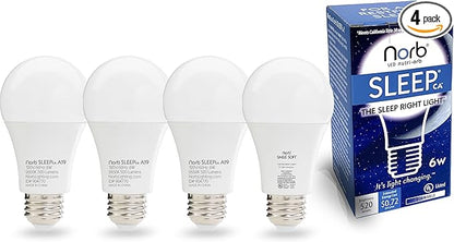 Norb NorbSLEEP Low-Blue Sleep Light Bulb – Melatonin-Boosting Nighttime LED for Restful Sleep – for Babies, Kids, & Adults – 6W A19 Dimmable, Natural Evening Spectrum, White Not Amber (4-Pack)