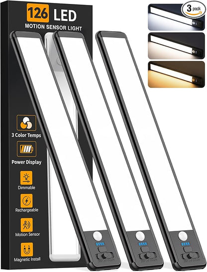 Under Cabinet Lighting Wireless, 15inch Rechargeable Motion Sensor Light Indoor, 3 Color Closet Light Battery Operated with LED Power Display, Magnetic Under Counter Lights for Kitchen (3Pack-Black)