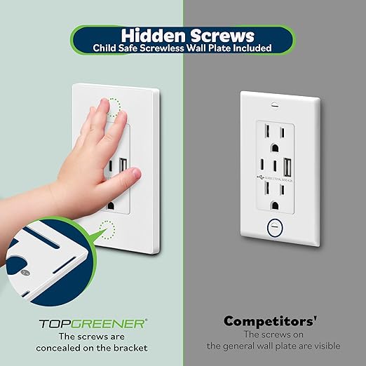 TOPGREENER 4.2A 3-Port Type C USB Outlet, 15 Amp Receptacle Plug, Charging Power Outlet with Dual Type C&A Ports, Screwless Wall Plate Included, UL Listed, TU21542AC2-WSID, White