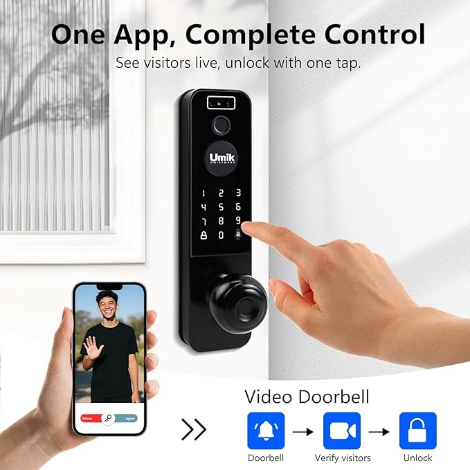 UMIKSMART Video Smart Door Lock with Camera, 3D Face Recognition & Fingerprint, WiFi Keyless Entry Deadbolt, Doorbell, Keypad, Tuya App Control for Home & Apartment, Black