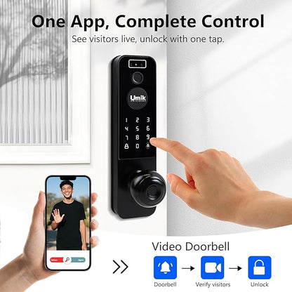 UMIKSMART Video Smart Door Lock with Camera, 3D Face Recognition & Fingerprint, WiFi Keyless Entry Deadbolt, Doorbell, Keypad, Tuya App Control for Home & Apartment, Black
