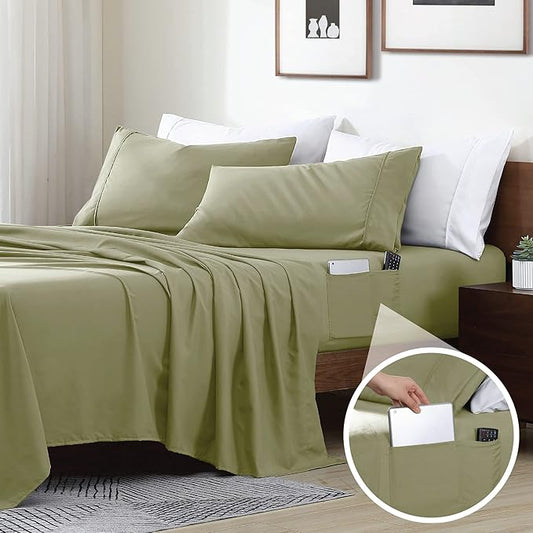 Swift Home Smart Sheets, Ultra Soft Brushed Microfiber 4-Piece Sheet Set, Fitted Bed Sheet with Side Storage Pockets – Sage, Full