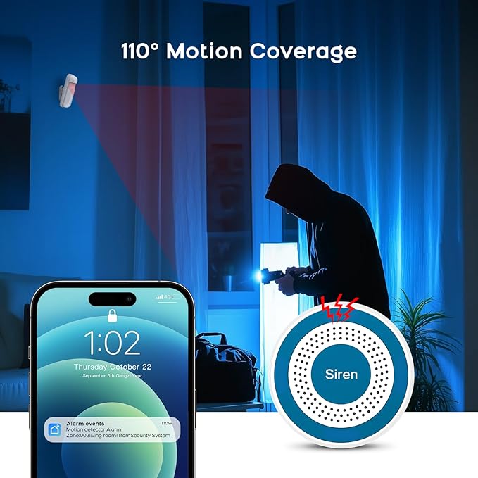 LWOHSI Home Security Systems with Door/Window Sensors and Motion Detectors,Wireless Burglar Alarm Kits with APP Real-Time Alerts,Compatible with Alexa & Google,No Monthly Fee