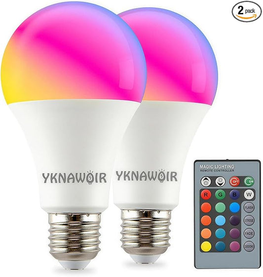 RGB Color Changing Light Bulbs with Remote(2-Pack), 9W 6500K White LED Light Bulbs, A19 E26 40W Equivalent, Colored Light Bulbs, 16 Color Dimmable Multicolor Light Bulb with Memory, for Home, Party