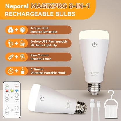 Neporal MagixPro Rechargeable Light Bulbs with Remote, USB + Socket Rechargeable, 1800mAh Large Battery Light Bulb, 3 Color Shift + Stepless Dimmable, A19 E26 Emergency Light Bulb, 15W (MagicPro, 2)