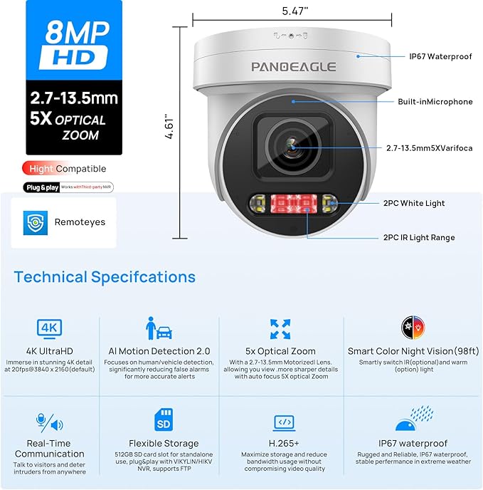 PANOEAGLE 4K AI IP POE PTZ Camera, 8MP PTZ Security Camera Outdoor,5X Optical Zoom 2.7~13.5mm Lens, 2-Way Audio, Smart Human/Vehicle Detection, Spotlight Color Night Vision,SD(512GB), IP67