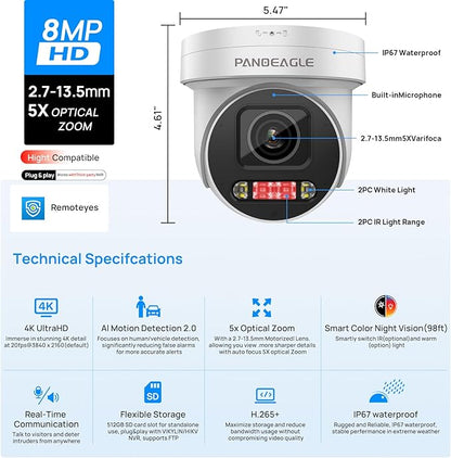 PANOEAGLE 4K AI IP POE PTZ Camera, 8MP PTZ Security Camera Outdoor,5X Optical Zoom 2.7~13.5mm Lens, 2-Way Audio, Smart Human/Vehicle Detection, Spotlight Color Night Vision,SD(512GB), IP67
