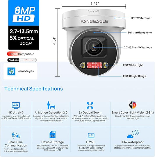 PANOEAGLE 4K AI IP POE PTZ Camera, 8MP PTZ Security Camera Outdoor,5X Optical Zoom 2.7~13.5mm Lens, 2-Way Audio, Smart Human/Vehicle Detection, Spotlight Color Night Vision,SD(512GB), IP67