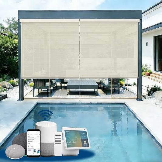 Motorized Outdoor Shades, Custom Patio Roller Blinds with Remote, Smart Exterior Sun Shades Compatible with Alexa, HomeKit, Google Home (1% Openness Beige)