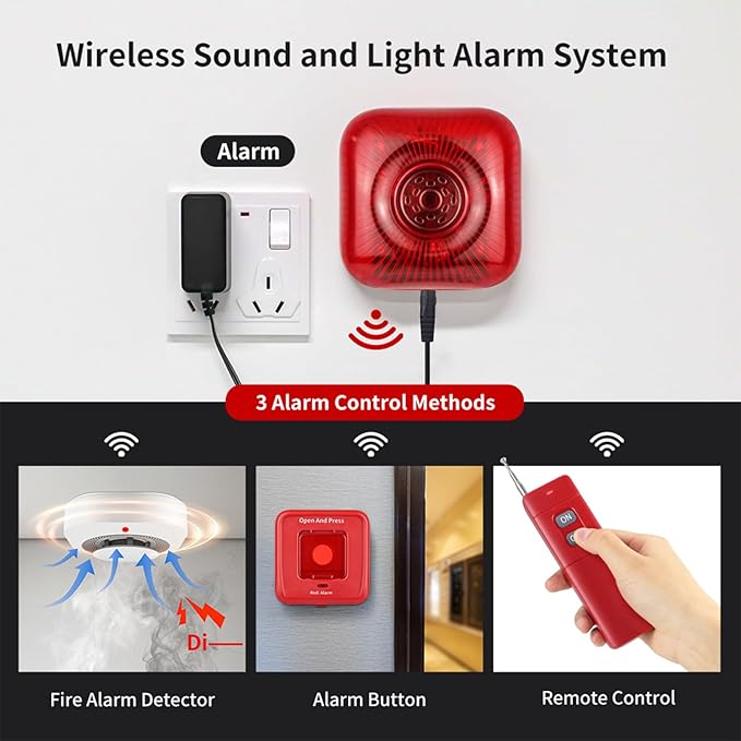 3 Pack Wireless RF 433MHz Fire Alarm Panel, Manual Fire Bell, Wireless Sound Light Alarm Security System, Smart Alert Remote Control (US Plug)