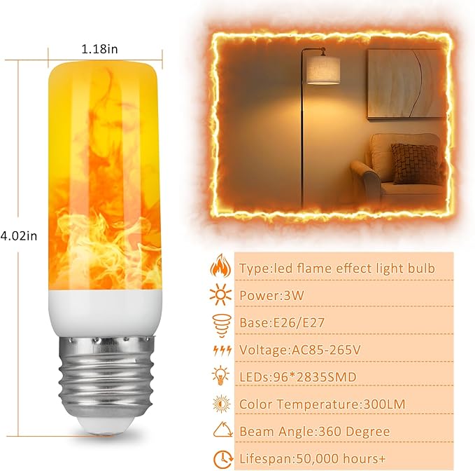 Bestview LED Flame Effect Light Bulbs,4 Modes Smart E26/E27 Base Flickering Fire Light Bulb with for Halloween, Christmas, Party, Porch, Indoor&Outdoor Home Decoration Lighting -Yellow 4 Pack