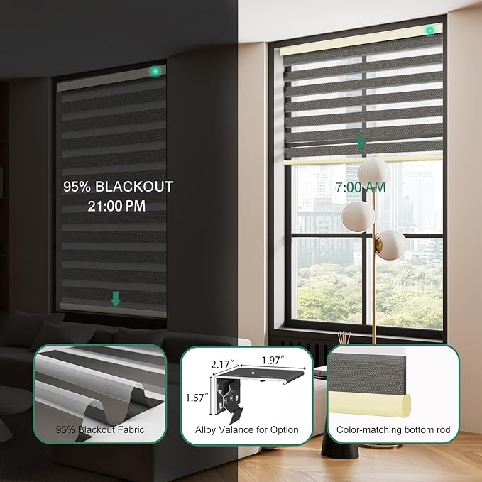 Motorized Zebra Blinds with Remote [Dual Layer + Light Filtering] 95% Blackout Smart Shades for Indoor Windows, Alexa Google and HomeKit Compatible, Customized Size, Equinox Drift