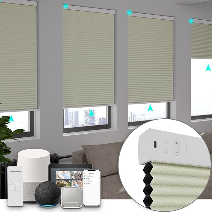 Changshade Blackout Smart Blinds Cellular Shades for Windows Doors Motorized with Remote Control, Custom Size Automatic Honeycomb Blind Electric Power Work with Alexa, Google Home, Beige