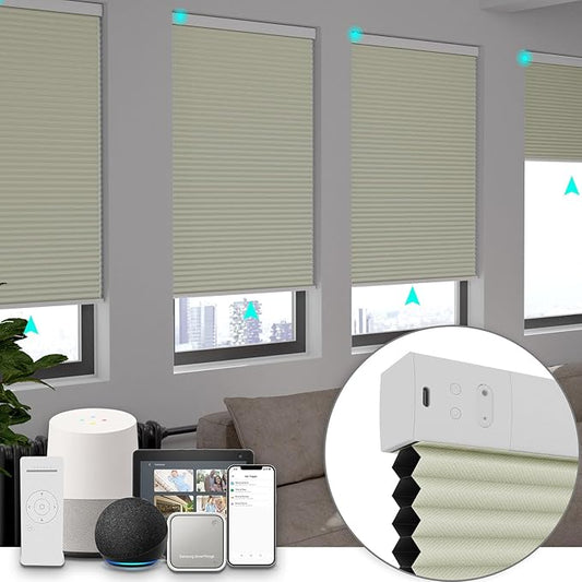 Changshade Blackout Smart Blinds Cellular Shades for Windows Doors Motorized with Remote Control, Custom Size Automatic Honeycomb Blind Electric Power Work with Alexa, Google Home, Beige