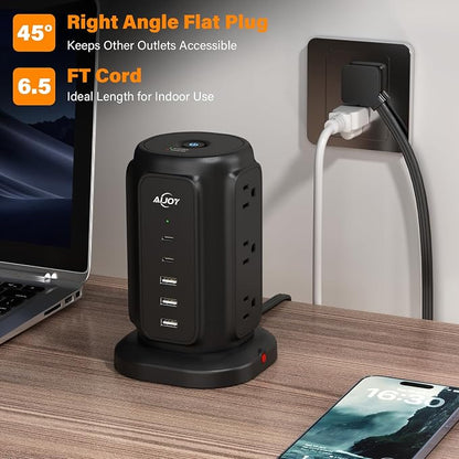 AiJoy Power Strip Tower with 9 AC Outlets and 5 USB Ports Charging Station | 1200J Surge Protector, 6.5 Feet Extension Cord with Multiple Outlets for Home Dorm Room Office Supplies Desk Accessories