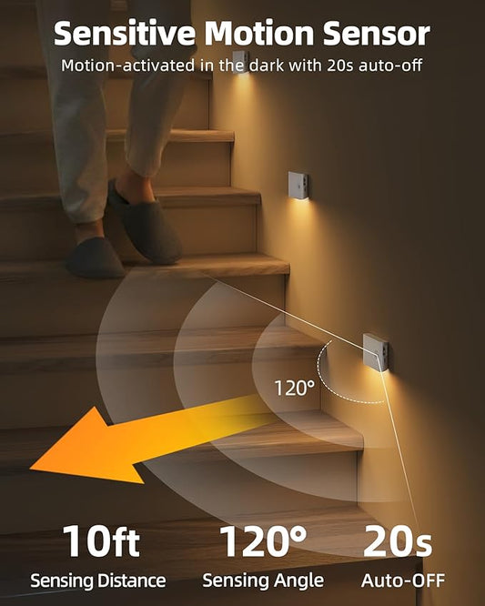 EZVALO Motion Sensor Stair Lights Indoor, Rechargeable Night Lights with Magnetic & Dimmable, Auto On/Off 3000K Soft White, Stick-On for Stairs, Hallway, Bathroom (8 Pack with Charging Station)