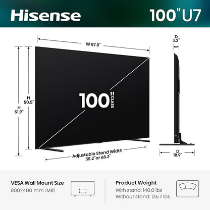 Hisense 100" U7 Mini-LED ULED 4K UHD Best Premium Gaming Smart Google TV (100U7SG, 2026 New) - Hi-QLED, Native 165Hz, VRR 288, High Brightness, HDR10+, Dolby Vision IQ·Atmos, IMAX Enhanced, 2.1.2 Ch