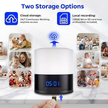 Security Camera Indoor for Home - Bluetooth Speaker - Homekit Camera - 1080P Clock Camera with 160°Rotating Viewing Angle - Night Light - AI Motion Detection (Black and White)