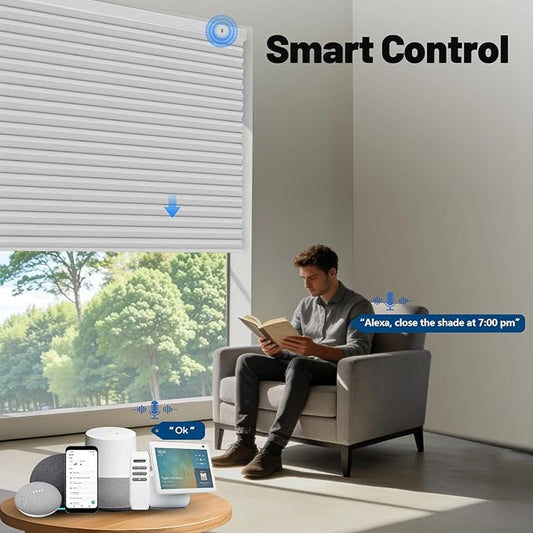 Motorized Cellular Shades with Remote, Blackout Smart Cellular Shades Compatible with Alexa, Cordless Honeycomb Window Blinds for Bedroom Home Office, Custom Size, Blackout Pearl