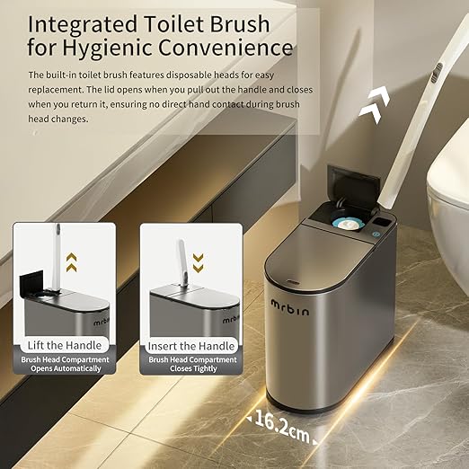 MRBIN Motion Sensor Bathroom Trash Can and Disposable Toilet Brush Holder Set, 1.8 Gallon Slim Stainless Steel Small Garbage Pail, Toilet Smart Waste Basket with Lid and Odor Filter, Eclipse Grey