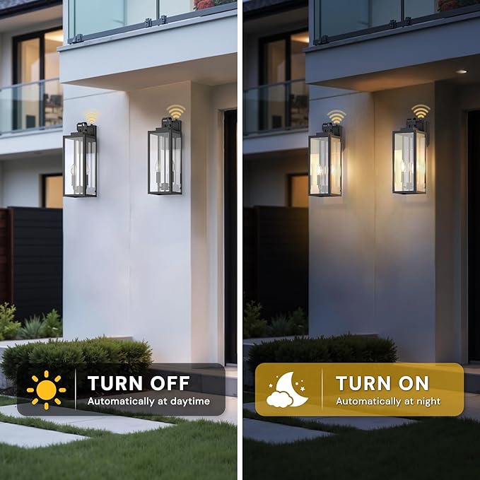 L LOHAS LED 18 Inch Dusk to Dawn Outdoor Wall Lights, 2-Light Black Outdoor Wall Sconce Lantern with Clear Glass Shade, Tall Transitional Exterior Light Fixtures for Porch, Garage, ETL Listed, 2 Pack