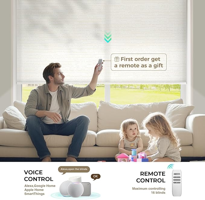HeyBlinds Motorized Blinds with Remote, Smart Roller Shades with App & Voice Control, Work with Alexa Google HomeKit, Light Filtering Custom Window Shades for Living Room Office (Sun Kissed-Creme LF)
