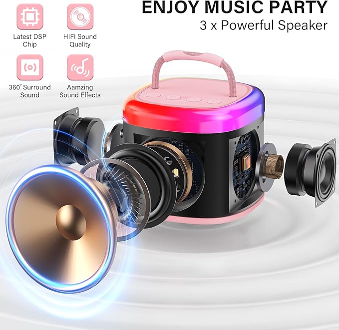 HWWR Karaoke Machine for Adults Kids, Mini Karaoke Machine with 2 Wireless Microphones, Portable Singing Speaker for Home Party, Kids Holiday Birthday Gifts, Music for Girls Boys All Age 3-12+