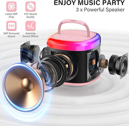 HWWR Karaoke Machine for Adults Kids, Mini Karaoke Machine with 2 Wireless Microphones, Portable Singing Speaker for Home Party, Kids Holiday Birthday Gifts, Music for Girls Boys All Age 3-12+