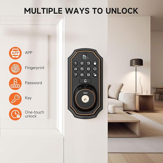 YHV Keyless Entry Door Lock with Camera Fingerprint Smart Door Lock with App Remote Control, Wi-Fi Connected Electronic Keypad Code Deadbolt Auto Unlock for Front Door