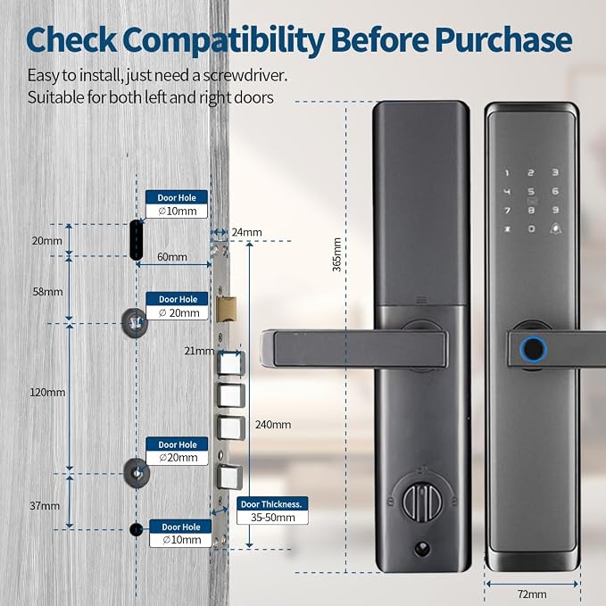 Sophies Keyless Entry Smart Lock with Handle, WiFi Door Lock, Tuya APP Control - Front Door Lock with Keypad and Anti-Peeping Password Grey