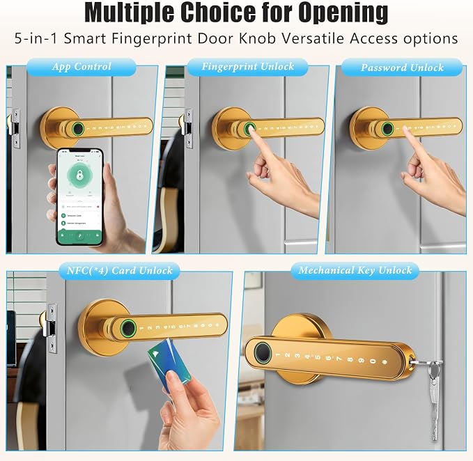 Smart Door Lock with Knob, Keyless Entry Door Locks with Handle, Fingerprint Door Knob for Bedroom/Front Door/Apartment,Generate Passcode Gold