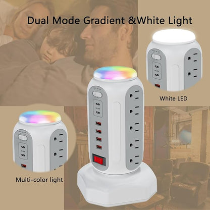 Fast Charging Station Power Tower - 15 AC Outlets & Dual USB-C 30W (Single Port 30W/2 Ports 15W Each), 4 USB-A, Retractable Cord Surge Protector with Top Night Light for Home Office Dorm Room