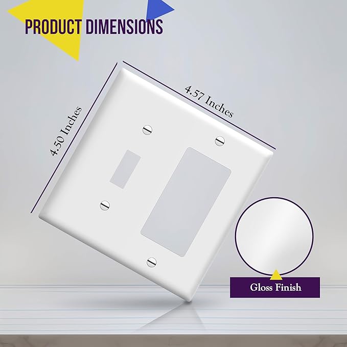 Enerlites 881131-W Decorator/Toggle Switch Wall Plate Combination, 2-Gang, White, Standard Size, Unbreakable Polycarbonate, Replacement Receptacle Faceplates Outlet Cover