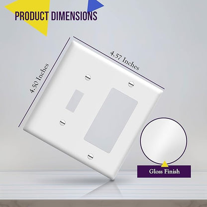 Enerlites 881131-W Decorator/Toggle Switch Wall Plate Combination, 2-Gang, White, Standard Size, Unbreakable Polycarbonate, Replacement Receptacle Faceplates Outlet Cover