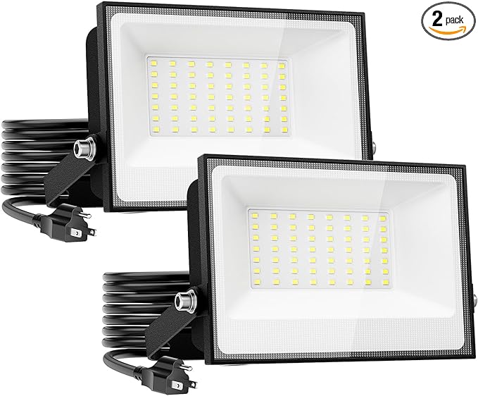 Onforu 40W Flood Lights Outdoor,4000lm Bright LED Work Light with Plug,Daylight White LED Flood Lighting, IP66 Waterproof Security Yard Lights for Garage Stadium 2 Pack
