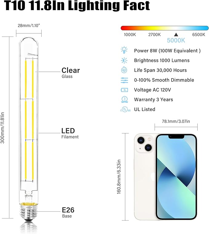 11.8IN 1000LM 5000K Daylight White Light Bulbs E26 Base, T10 T9 Edison Bulbs Dimmable 8W, AC 120V 100 Watt Equal Filament Bulb, Vintage Clear Glass Long Tubular LED Bulb, UL Certified - 2Pack