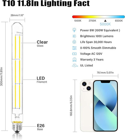 11.8IN 1000LM 5000K Daylight White Light Bulbs E26 Base, T10 T9 Edison Bulbs Dimmable 8W, AC 120V 100 Watt Equal Filament Bulb, Vintage Clear Glass Long Tubular LED Bulb, UL Certified - 2Pack