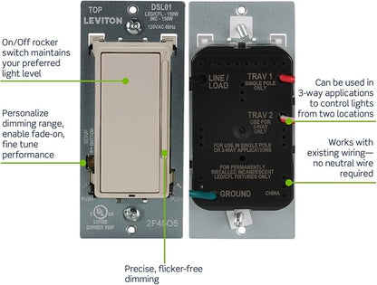 Leviton Decora Slide LED Advanced Dimmer Switch for 150W Dimmable LED, Halogen and Incandescent Bulbs and Fixtures, DSL01-1LT, Light Almond