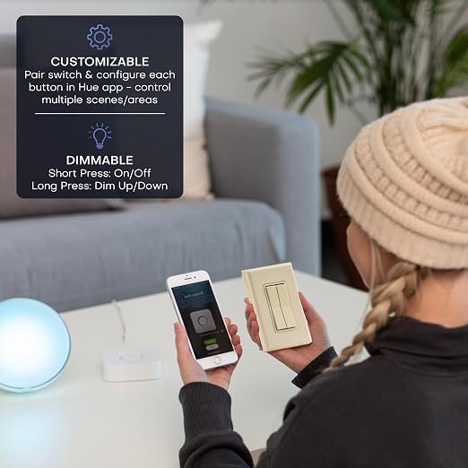RunLessWire Click for Hue Battery-Free Wireless Switch 2 Pack Light Almond | Dimmable Kinetic Switch Pairs Natively to Philips Hue Bridge, 4 Programmable Buttons to Control Scenes & Areas, 100ft Range