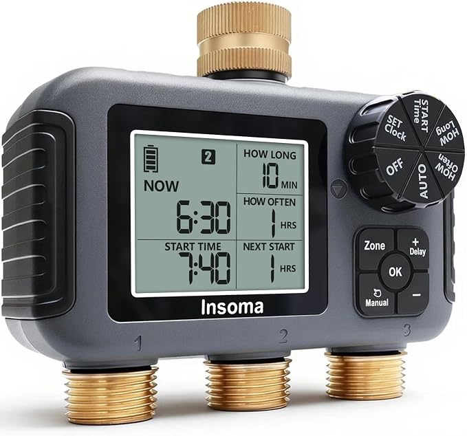 Insoma 3 Outlet Sprinkler Timer Brass Inlet & Outlet, Programmable Garden Hose Timer with Rain Delay, Manual& Automatic Watering System