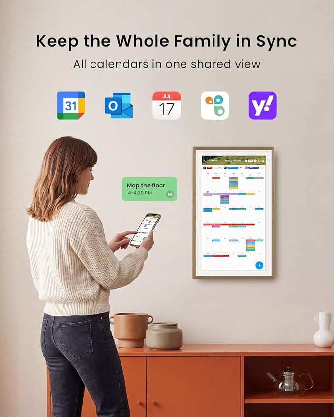 Apolosign 15.6-inch Digital Calendar, Smart Wall Planner with Calendar Sync, Chore Chart, Meal, Install Apps & Widget, Electronic Touchscreen Display for Family Schedules, Dual Mode, with Stand (Teak)