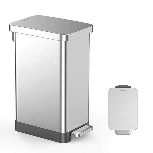 QUALIAZERO 50L / 13 Gallon Stainless Steel Step-On Kitchen Trash Can Soft-Close Lid, Fingerprint-Resistant, Removable Liner, Slim Shape Modern Design for Home, Office, Commercial Space