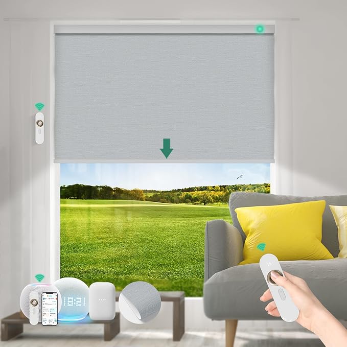 Motorized Blinds with Remote [100% Blackout & Silent Motor] Smart Blinds Compatible with Alexa Google HomeKit, Electric Roller Shades for Indoor Windows, Customized Size, Linear Lunar Silver