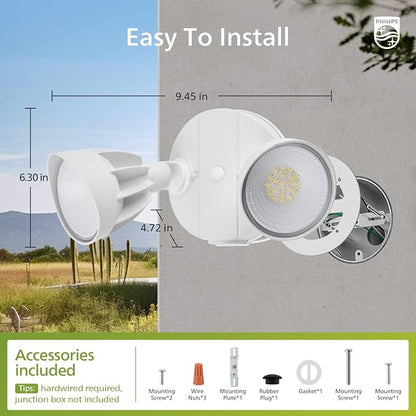 Philips 44W 3500LM ‌LED Security Flood Light‌ ‌Outdoor‌，Switch Controlled Aluminum ‌Security Light‌, 2 Adjustable Heads，5000K Daylight，Wet Location for Patio, Garden, Yard Lights