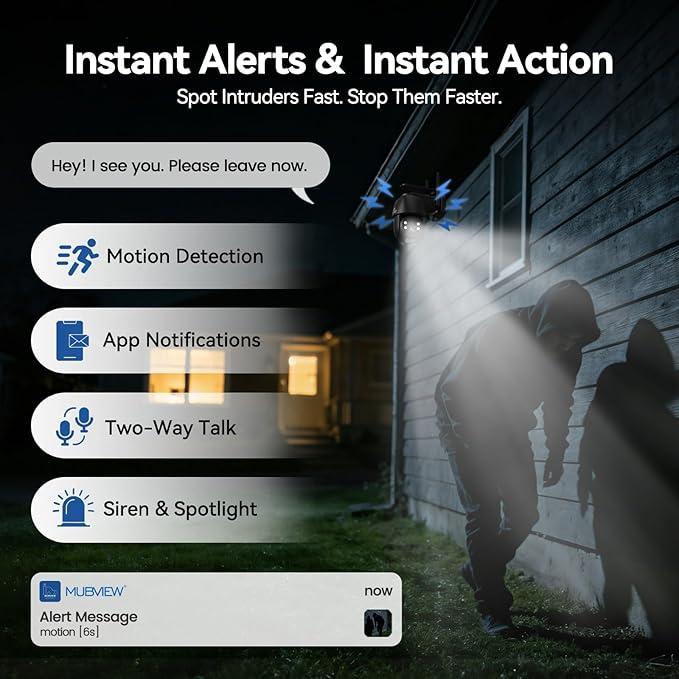 MUBVIEW 24/7 Continuous Recording Wireless Outdoor Security Camera, 2.4G WiFi, 2K Solar Powered, 360° PTZ, Auto Tracking, SD Included, Optional Cloud Storage, AI Detection, Night Vision(Black,1 Pack)